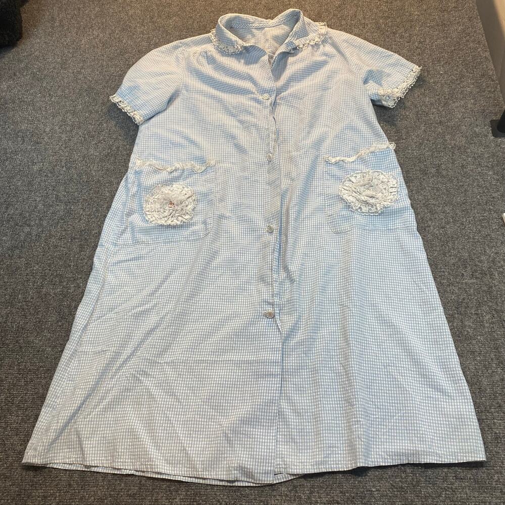 Vintage Blue Gingham Duster Housecoat Button Front Lace Trim Lounger Dress Small